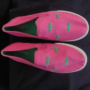 Pink Slip-On Shoes with Green Embroidery